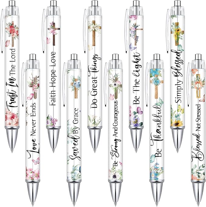 Tinlade 10 Pcs Christian Pens for Women Religious Ink Pens Easter Gifts Inspirational Quotes Bible Verse Ballpoint Funny Office Supplies for Women Men Coworker(Cross)