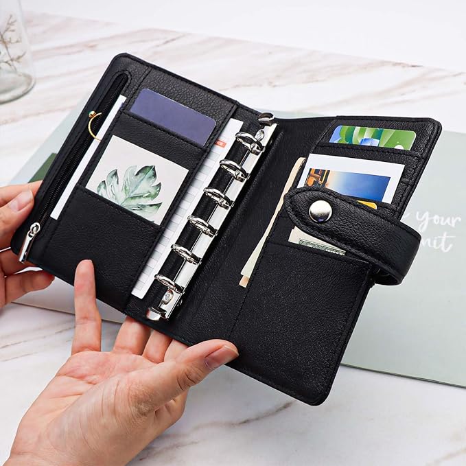 Mogoostry A7 Binder Cover Savings Binder Wallet Leather Binder Folder 6-Ring Refillable Notebook Binder Planner Cover Hardcover Budget Binder Organizer (Black)