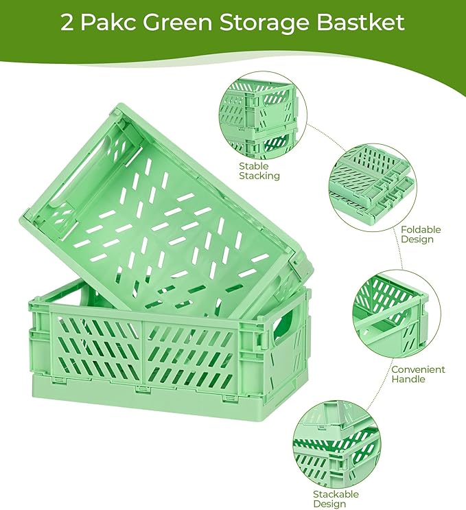 2-Pack Small Pastel Plastic Storage Baskets, Collapsible Crates for Organizing, Space-Saving Mini Bins for Classroom, Kitchen, Office, Bedroom (Green, 9.8" x 6.5" x 3.8")