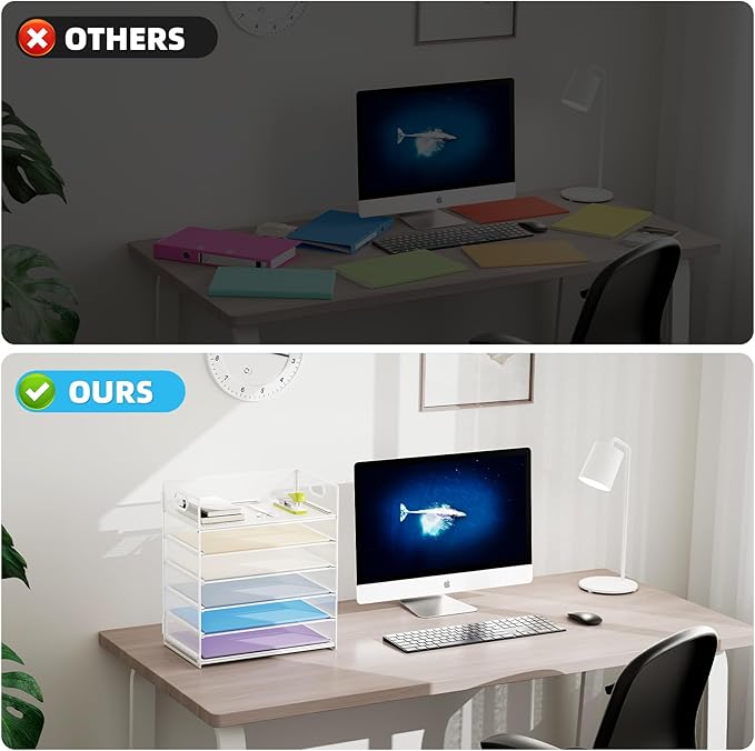 Marbrasse 6 Tier Paper Organizer - Mesh Desk File Holder with Handle, Letter/A4 Paper Sorter - White