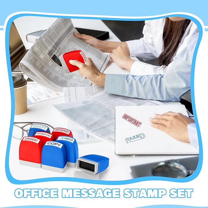 Crtiin 16 Pcs Office Stamp Set Message Self Inking Rubber Stamp Set for Office Stamps Completed Faxed Scanned Stamps for Message Supplies(Red, Blue)