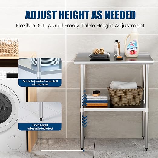 Stainless Steel Table 14 x 30 Inches Metal Prep Table with Backsplash & Adjustable Undershelf for Commercial Kitchen, Outdoor, Restaurant, Hotel & Garage