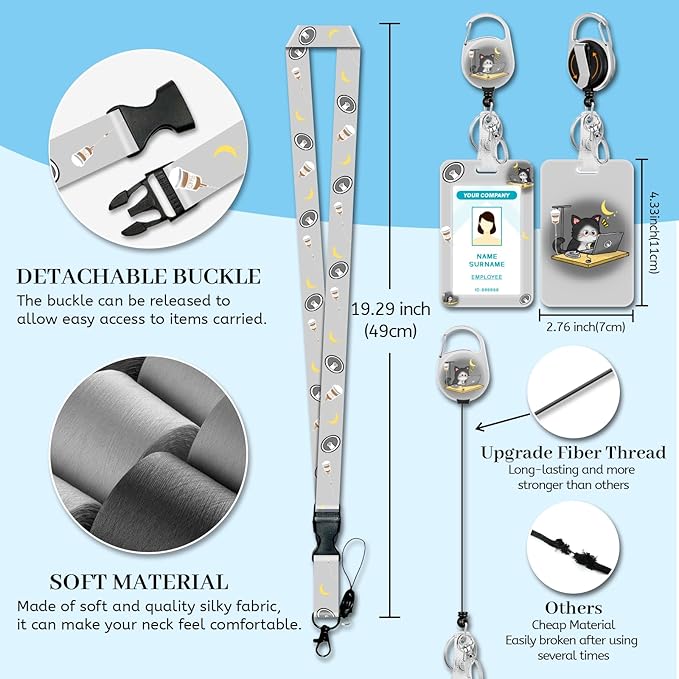 Lanyards for Id Badges, Funny Cute Badge Holder with Retractable Reel Clip, Cat Work Name Tags Keychain Lanyard Vertical ID Card Protector Case for Women Teacher Nurse Nursing Student Office