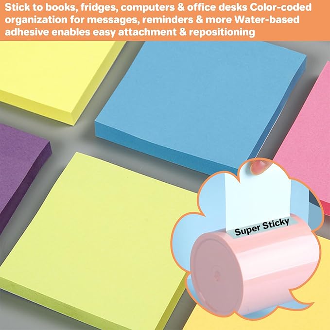 (9 Pack) Sticky Notes 3x3 Inches Colorful Sticky Notes，Super Sticking Power Bright Colors Self-Stick Pads，Easy to Post for School Supplies and Office Products，56 Sheets/Pad,504Sheets