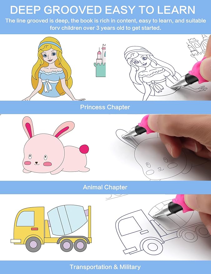 WANFRES Grooved drawing book for kids age 3-8,Sketchbook for kids who love to draw,Grooved handwriting practice for Kids,Reusable grooved Handwriting workbooks,Childrens drawing book(5 Books with pen)