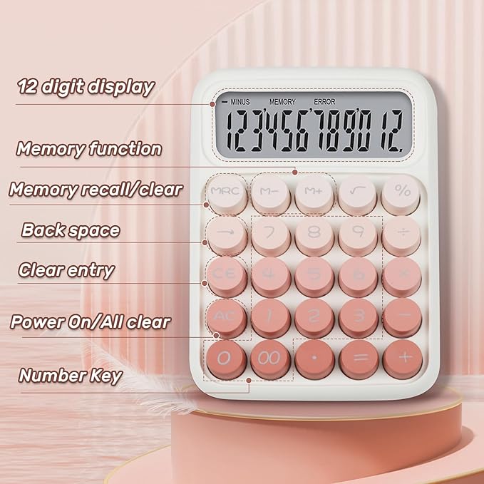Mechanical Switch Calculator with Big Buttons, 12 Digits, Large LCD Display, Cute Pink Desktop Calculator, Aesthetic School Supplies for Office, School, Home & Business Use, Automatic Sleep (Pink)