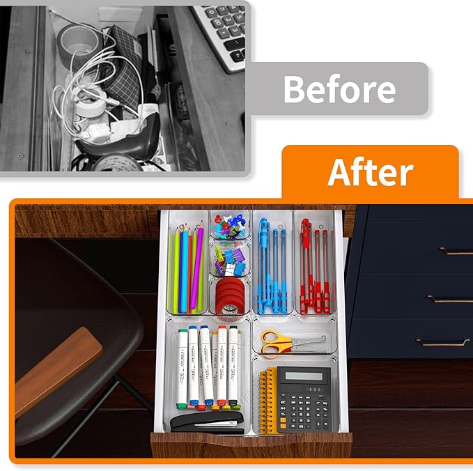 Utility Drawer Organizer Set of 13,With Non-Slip Silicone Pads, 5 Size Small Bins for Organization for Bathroom、Vanity、Nightstan、Kitchen、Office Desk Clear Plastic Organizing Containers for Drawers