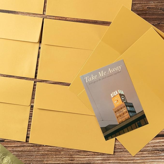 Wishop 50 Pack Shiny Self-Adhesive Envelopes with Shiny Fold Cards for Wedding Invitations, Greeting Cards, Baby Shower, Letter Mailing (Gold, 5x7)