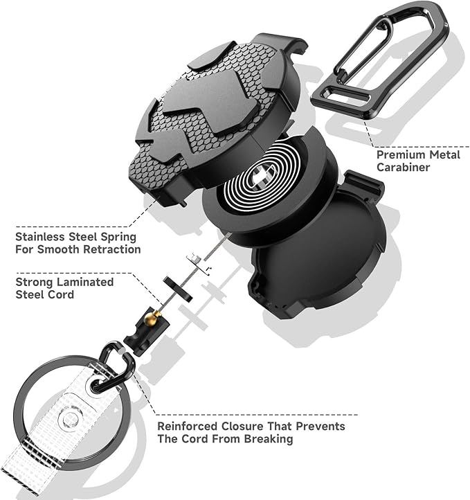 Retractable Keychain Badge Holder with Belt Clip, Heavy Duty Carabiner ID Badge Clip Reel, 32” Steel Retractable Cord, 10 oz Rebound，2pcs Black Keychain