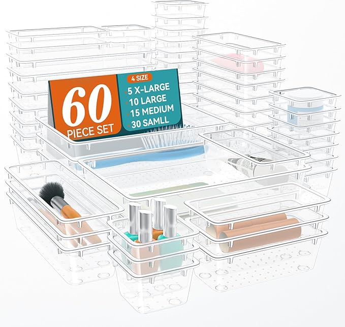 60 PCS Drawer Organizer Set, 4 Sizes Clear Plastic Makeup Vanity Organizer, Multi-Purpose Storage Bins for Makeup, Stationery, Gadgets, Kitchen, Bathroom, Office, Bedroom