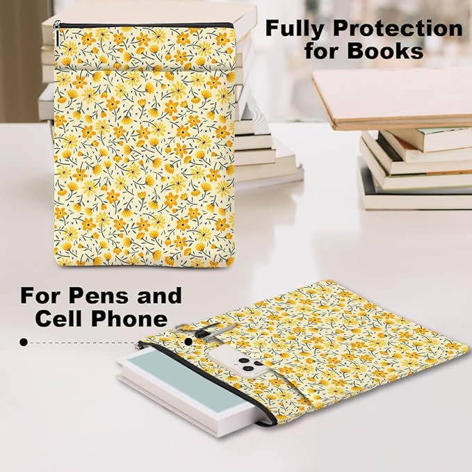 Yellow Wildflowers Pattern Book Lovers Gifts Waterproof Book Sleeve Book Pouch Book Protector with Zipper and Front Pocket BookCover Case for Women Best Friend Sister Book Accessories Book Club Gifts