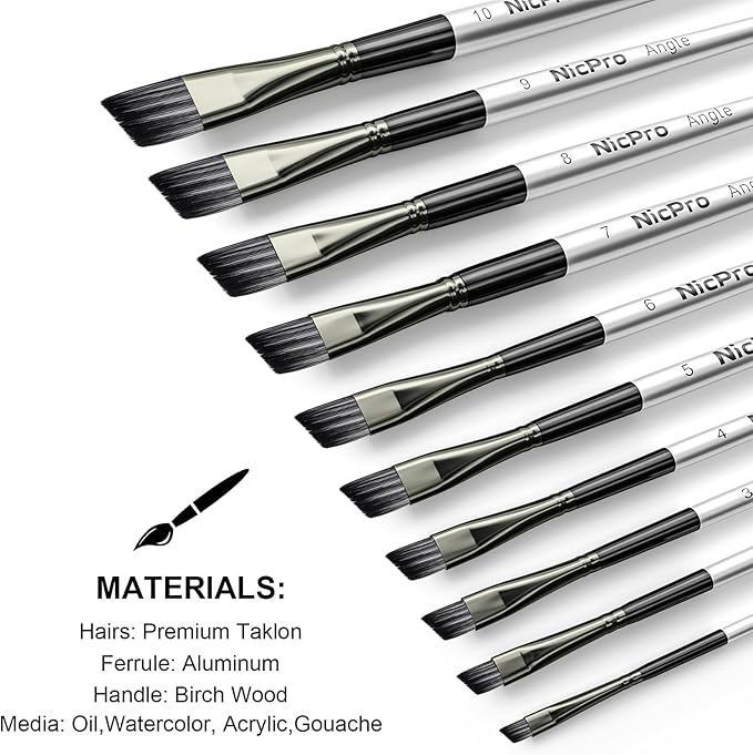 Nicpro 10 PCS Angular Paint Brush Set, Soft Anti-Shedding Nylon Hair Long Handle Angled Paint Brushes, Suitable for Artists and Beginners for Watercolor, Acrylics, Ink, Gouache, Oil, Tempera