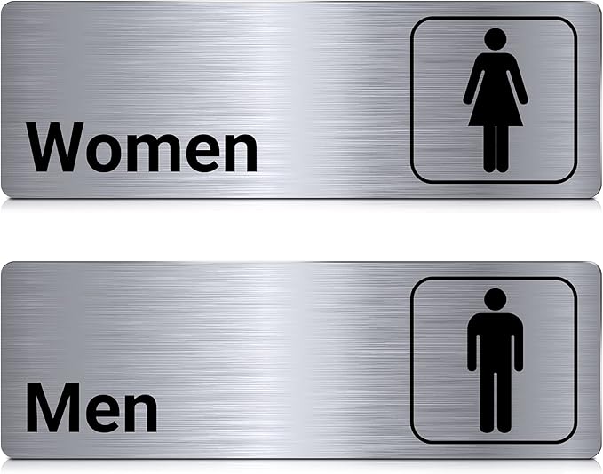 Brushed Aluminum Restroom Signs, Men and Women Modern Restroom Sign, 9 x 3 Inch Bathroom Door Signage Decor for Offices Business Restaurants (2 Pcs)
