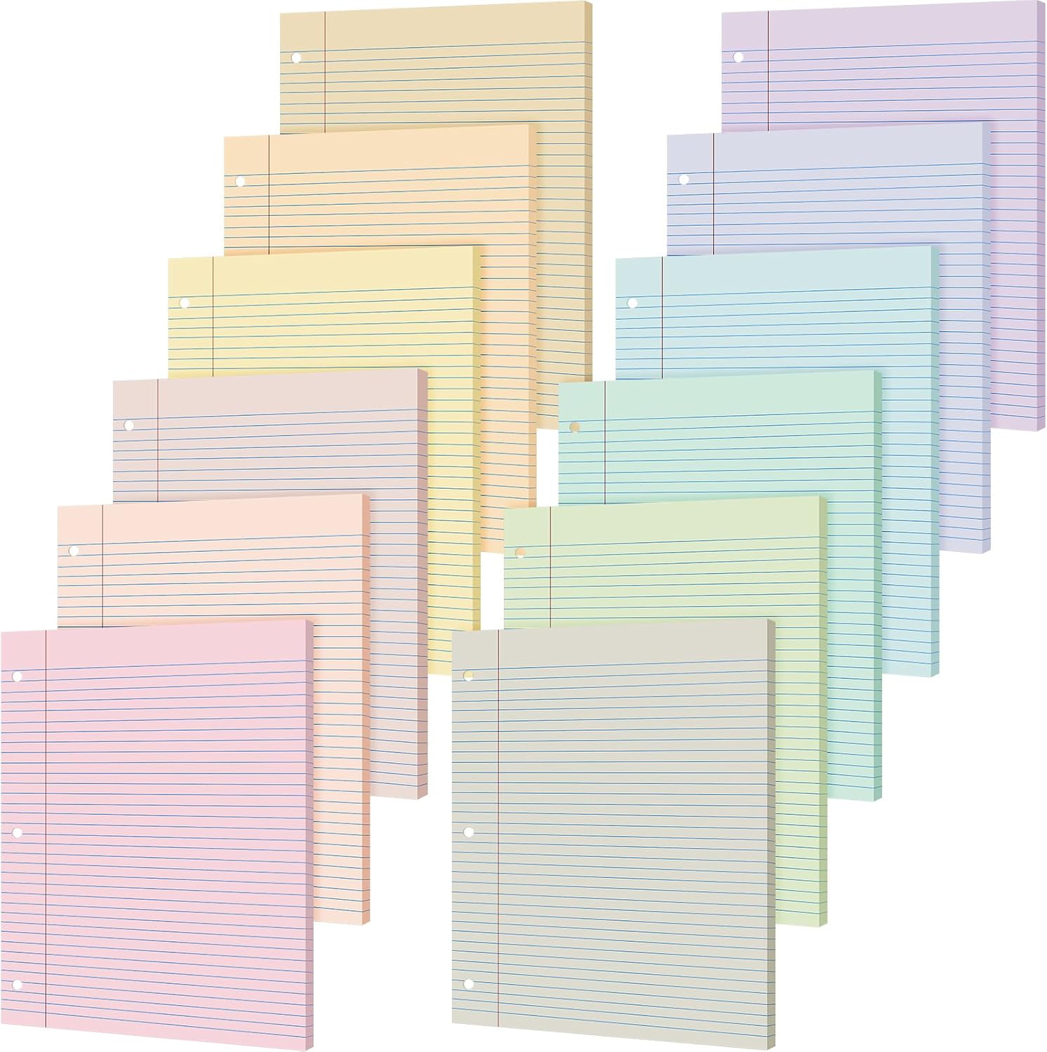 PerKoop 12 Pack 600 Sheets Colored Lined Paper Bulk Wide Ruled 8 x 10.5 Inches, Pastel Loose Leaf Notebook Paper 3 Hole Punched Filler for Back School Classroom Supplies(Light Color)