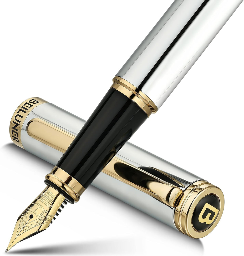 BEILUNER Silver Chrome Fountain Pen,Stunning Luxury Pens with 24K Gold Accents, Gorgeous 24K Gilded Nib(Fine), Ink Converter,Fancy Pen Gift for Men&Women-Elegant, Office, Reliable,Nice for Writing
