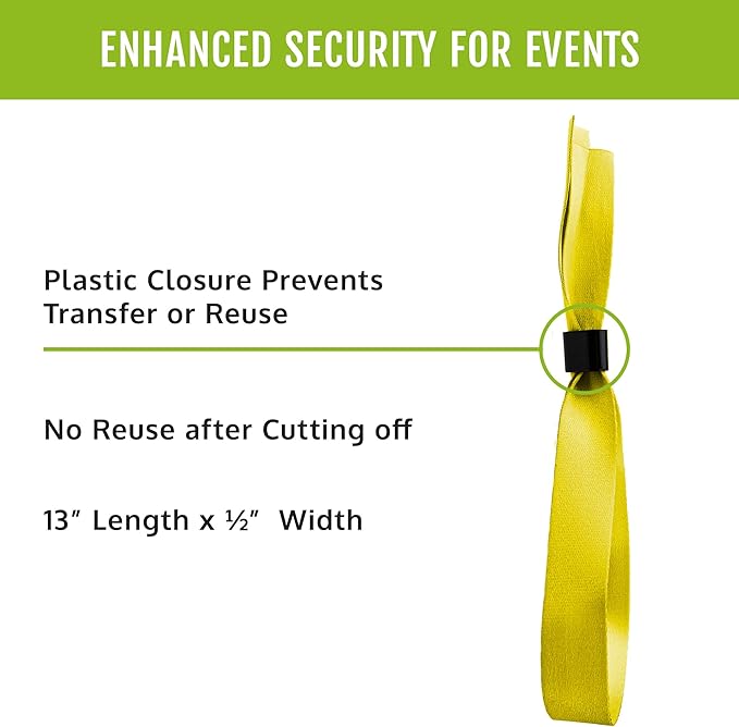 100 WristCo Yellow Cloth Event Wristbands – Plastic Closure to Prevent Transfer or Reuse – Premium-Grade Fabric Bracelets for Party Entry, Summer Camp, VIP Identification, Drink Ticket ID