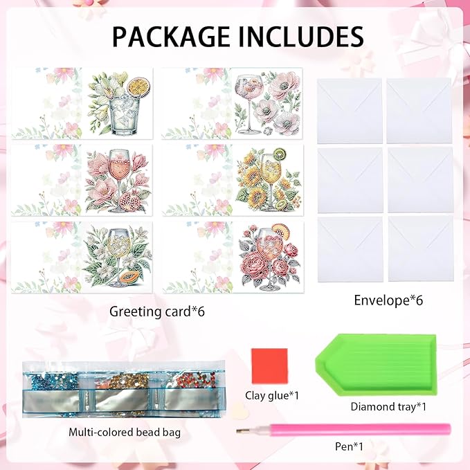 Tontut 6pcs Diamond Art Painting Kit Greeting Card, Mug Flower 5D DIY Diamond Handmade Holiday Greeting Card with Envelope, Holiday Gift Congratulation