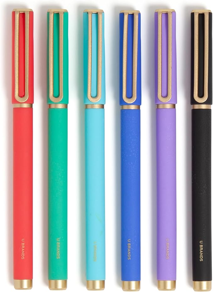U Brands Catalina Felt Tip Pens, Set of 6, Assorted Colors with Gold Details, Medium (0.7 mm) Point, Assorted Color Ink
