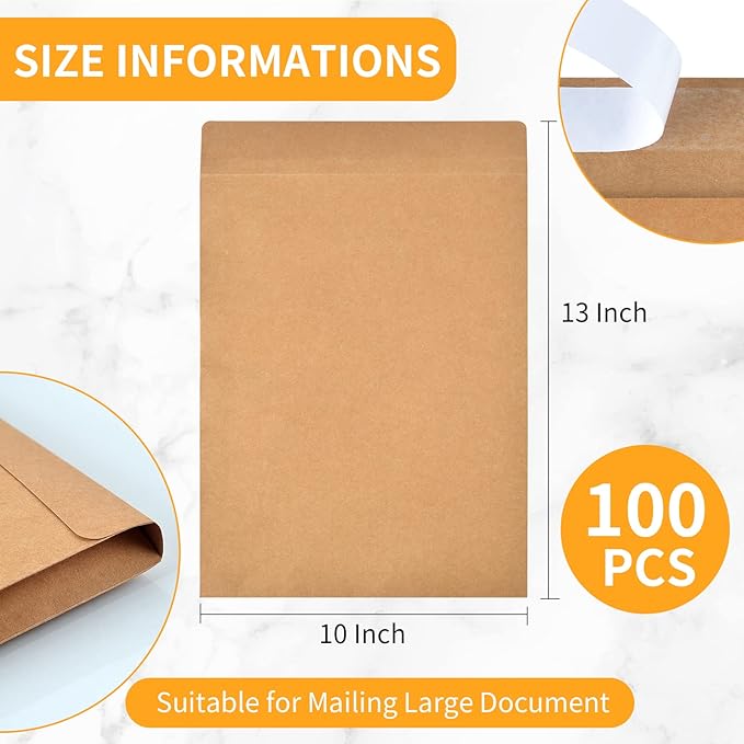 Expandable Envelopes 10x13x2 Large Kraft Envelopes 10x13 Catalog Envelopes Peel and Seal for Home Office Business Storage and Organizing (100)