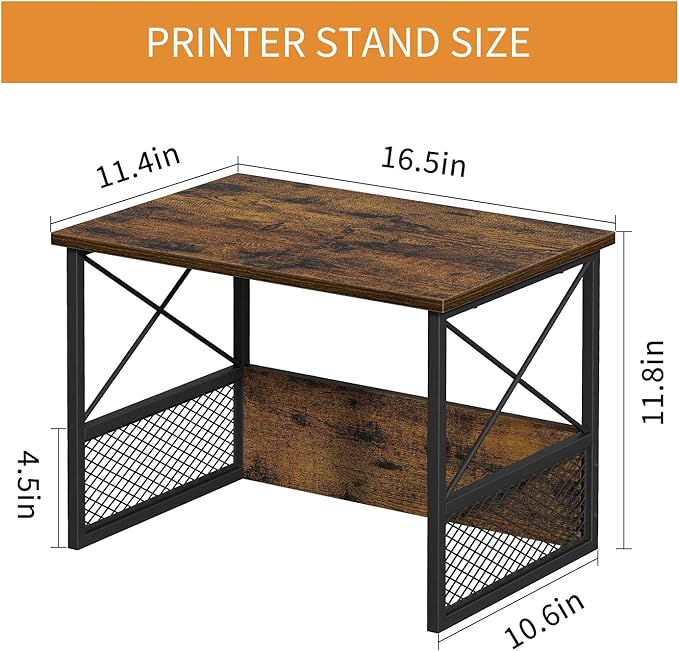 Printer Stand for Desk, Desktop Printer Stand Shelf Organzier for Home Offic, for Above and Under Desk, Fax Machine Copier Scanner, Rustic Brown