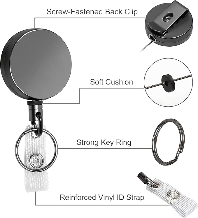 Will Well ID Badge Holder Reel with Clip and Keyring - Heavy-Duty All-Metal Casing with 27.5" UHMWPE Fiber Pull Cord for Durability and Easy Access, Holds up to 8 Keys - 2-Pack, Round, Glossy Black