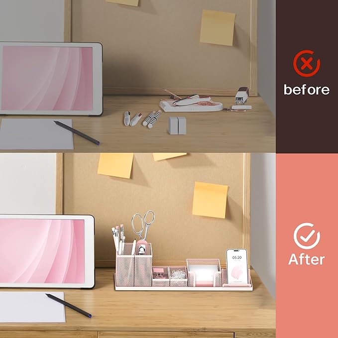 SUPEASY Pen Holder for Desk, 6 Piece Mesh Desk Organizer set, Desk Accessories for Office Organization with Mail Organizer, Letter Phone Holder, Sticky Notes Caddy Storage, Pink