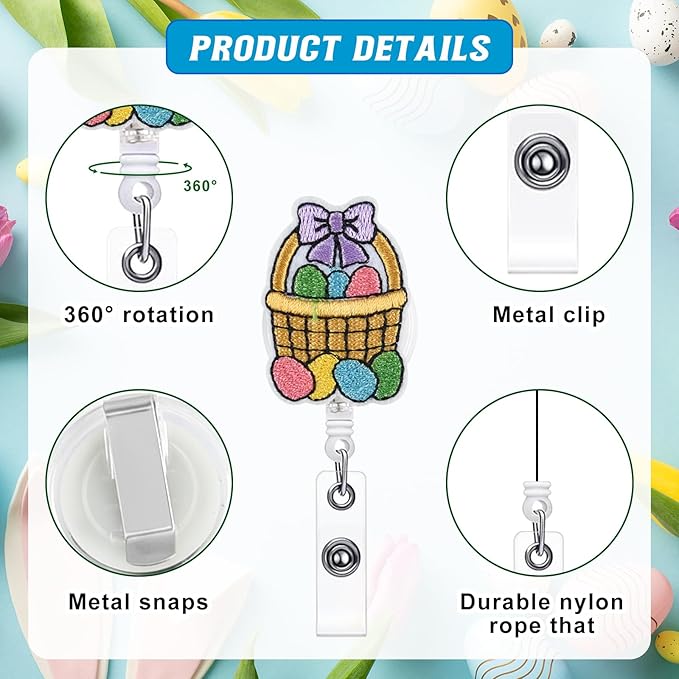 NACHLYNN 8 Pcs Easter Felt Retractable Badge Reels Cute Felt Nurse Badge Reel Holders Name ID Accessories with Retractable Cord for Teacher Student Nurses Gifts