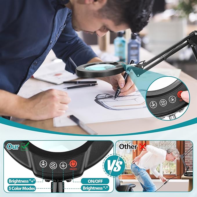 10X Magnifying Glass with Light and Stand, 2-in-1 Desk Lamp & Clamp Light, Seylae 5 Color Modes, Brightness Stepless Dimmable LED Lighted Magnifier Hands Free, Magnifier Lamp with Light for Close Work