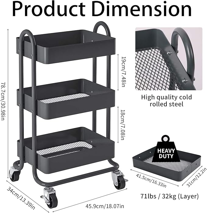 3-Tier Rolling Metal Storage Organizer,Mobile Utility Cart,Kitchen Storage Carts with Caster Wheels,Rolling Utility Cart Suitable for Office,Home,Kitchen,Garden（13.4"x18.1"x31"） Dark Grey
