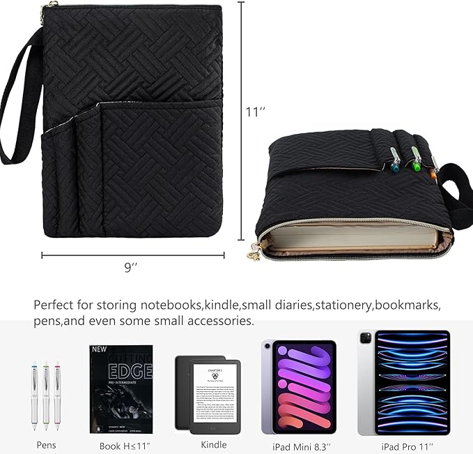 Book Sleeve with Zipper, 11"X9" Padded Book Protector, Washable Quilted Book Covers for Paperbacks, Book Pouch with Pockets for Book Lover Gifts