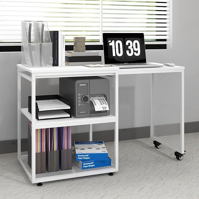 Natwind Large Printer Stand with Storage Shelves,Extendable Home Craft Table,Home Office Organization Desk, Versatile Table for Home Office, Kitchen, Study Room, Living Room (White)