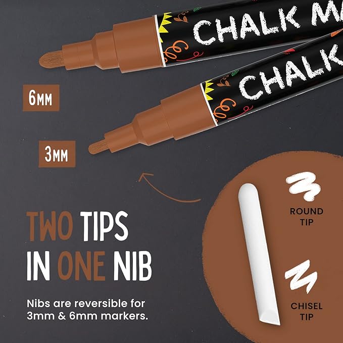 5 Brown Chalkboard Chalk Markers - Brown Dry Erase Markers for Blackboard, Chalkboard Signs, Windows, Glass | Variety Pack - Fine & Jumbo Size Ink Pen (1mm, 3mm, 6mm, 10mm, 15mm)