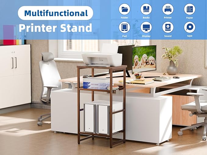 Printer Stand Holder 3 Tier - Heavy Duty Metal Shelving Unit for Under Desk Printer Storage Office Organizer, Industrial Printer Side Table with Wood Desktop for Scanner Fax Machine