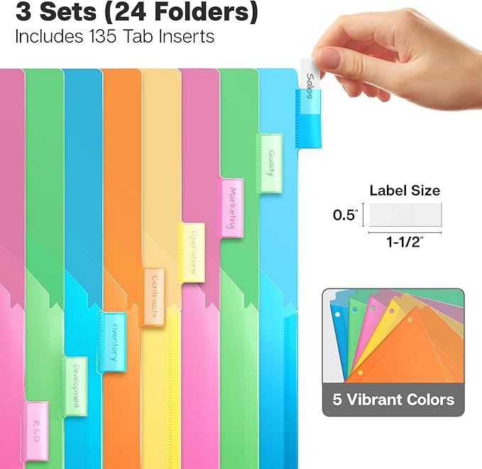 Dunwell 2-Pocket 8-Tab Divider Pockets, (3 Sets, 24 Count), 5 Colors, Plastic 8 Subject Notebook Tab Dividers for 3-Ring Binders, Includes Label Inserts, Durable Acid-Free Poly