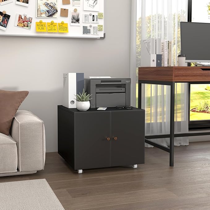 Small Space Printer Stand with Doors, Metal Fax Machine Stand with Storage, Low Printer Table, Black Modern Under Desk for Home Office, Small Carts for Scanner, Fax, Computer, Black