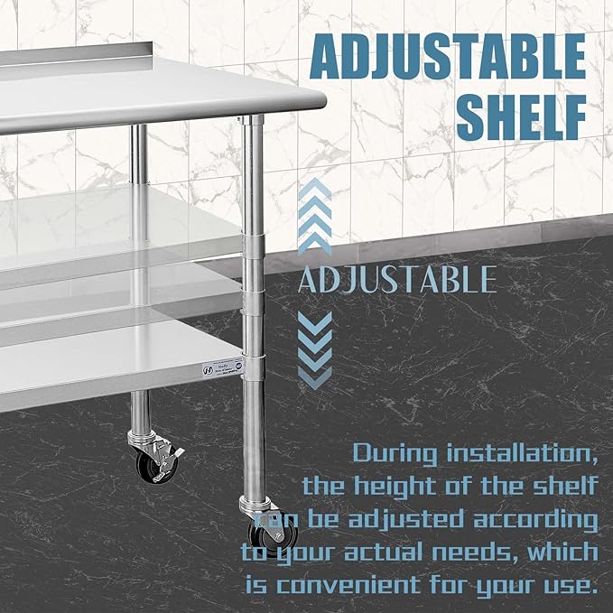 HALLY Stainless Steel Table for Prep & Work 24 x 48 Inches with Caster Wheels, NSF Commercial Heavy Duty Table with Undershelf and Backsplash for Restaurant, Home and Hotel