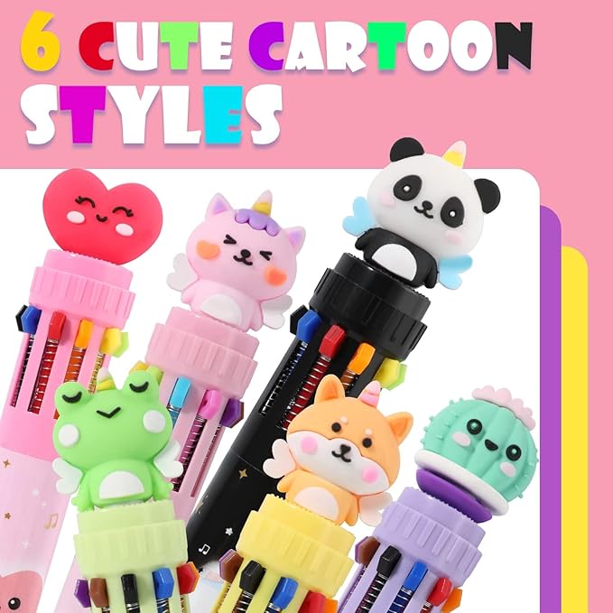 Multicolor Ballpoint Pen 0.7 mm, 10-in-1 Colored Pens Fine Point Retractable Cute Cartoon Animal Ballpoint Pens for Office School Students Kids Christmas Gift, 6 Pack