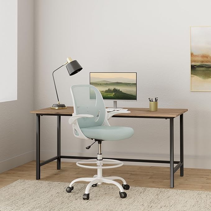 Primy Drafting Chair Tall Office Chair with Flip-up Armrests Executive Ergonomic Computer Standing Desk Chair with Lumbar Support and Adjustable Footrest Ring（Light Blue）