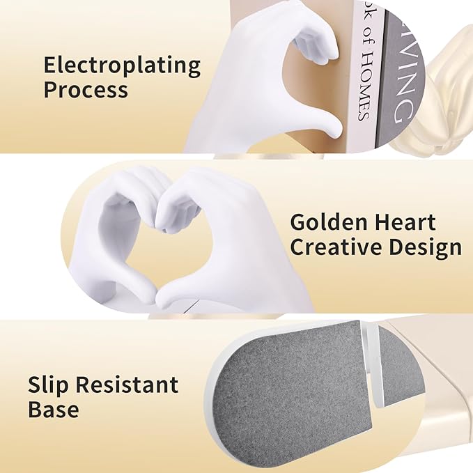 White Decorative Bookends for Shelves, Heart Hands Book Ends Sculpture Aesthetic Decor for Bedroom Living Room Merch Apartment Bookshelf Birthday Women Decorations Stuff Aesthetic