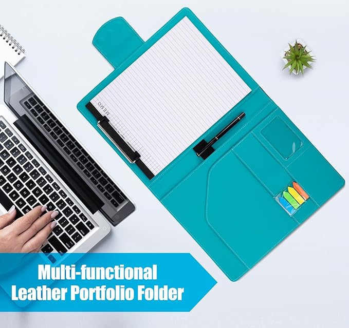 A4 Clipboard Folder Padfolio Clipboard,Faux Leather Interview Resume Folder with Magnetic Cover,Conference Document Organizer with Papers,Sticky Tabs,Pen,Work Folio for Women & Man,Pale Turquoise