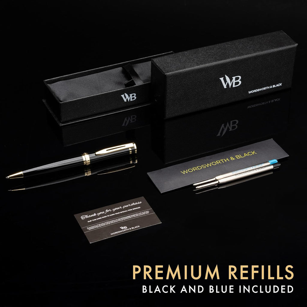 Wordsworth and Black Luxury Ballpoint Pen Set - Black Lacquer 24K Gold Finish, Refillable Fine Point, Elegant Gift for Men & Women, Includes Ink Refill, Nice Pens for Work