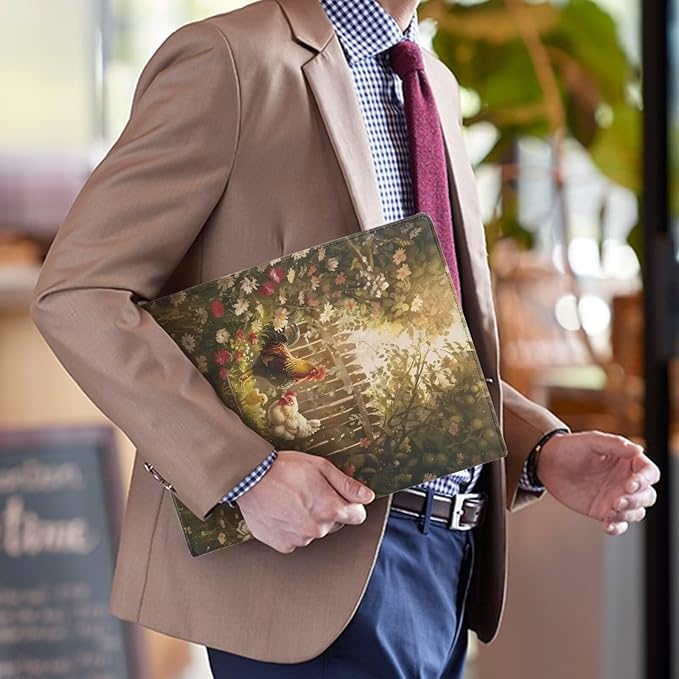Office Folder Flower Rooster Print PU Leather Padfolio with A4 Size Clipboard Clip for Business Resume Interview Document Sleeve Binder Folder for Men/Women