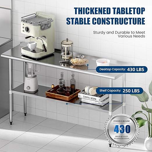 Stainless Steel Table 18 x 60 Inches Metal Prep Table with Backsplash & Adjustable Undershelf for Commercial Kitchen, Outdoor, Restaurant, Hotel & Garage