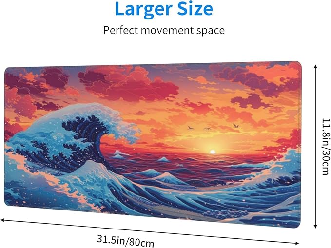 Gaming Mouse Pad Desk Pad,Extended Big Mouse Pad,31.5x11.8 Inch Long Computer Keyboard Mouse Mat Mousepad with 3mm Non-Slip Base and Stitched Edge for Gaming and Office… (Sunset Wave)