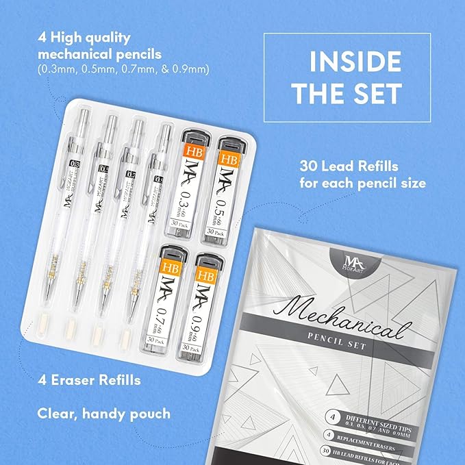 MozArt Mechanical Pencil Set with Case - 4 Sizes: 0.3, 0.5, 0.7 & 0.9mm with 30 HB Lead Refills Each & 4 Eraser Refills -Sketch, Drafting, Art, Drawing Supplies (Clear)