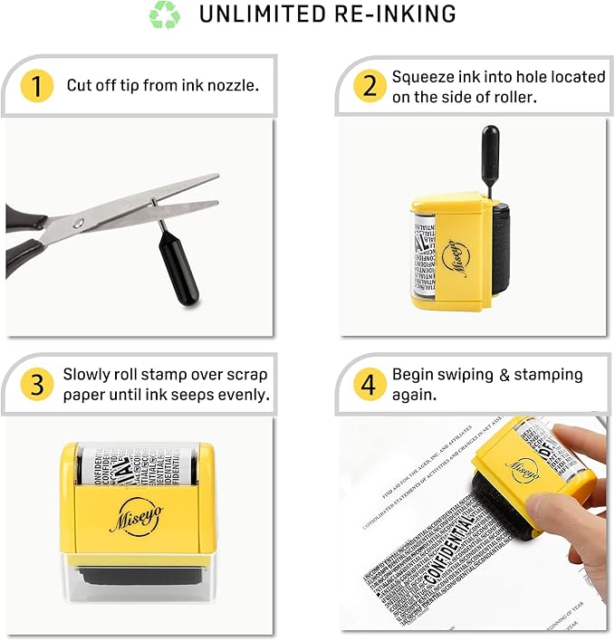 Miseyo Wide Roller Stamp Identity Theft Stamp 1.5 Inch Perfect for Privacy Protection - 3Pack Set (Yellow)