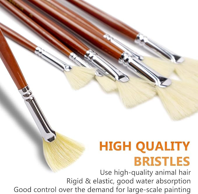 DUGATO Artist Fan Paint Brush Set of 7, White Hog Bristle Natural Hair Anti-Shedding Brush Tips, Long Wooden Handle for Comfortable Holding, Great for Acrylic Watercolor Oil Painting