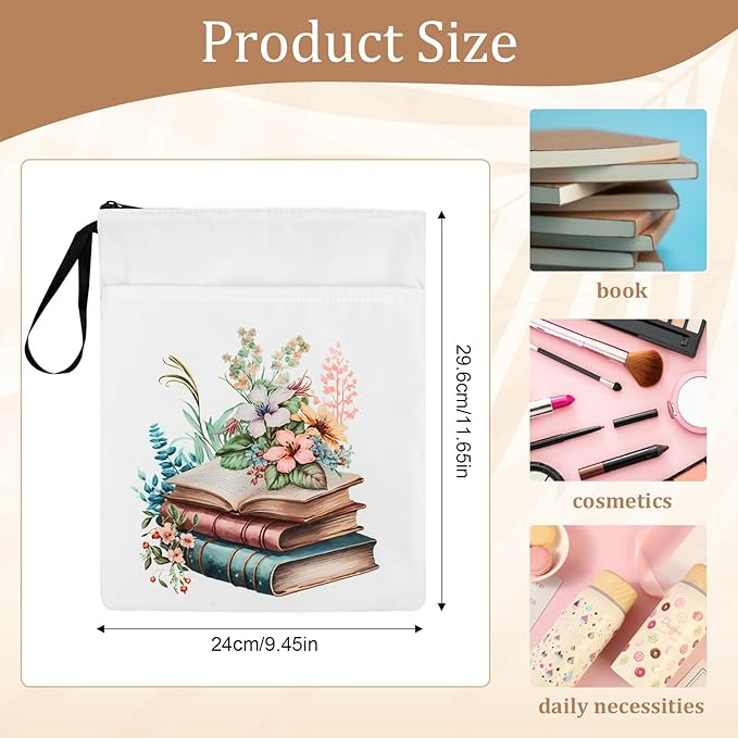 Book Sleeve Pouch Waterproof Book Sleeves with Zipper and Front Pocket,Book Covers for Paperback,Floral Print Book Protector Bag with Handle for Book Lovers Bibliophile Gifts(11.8 * 9.4inch)