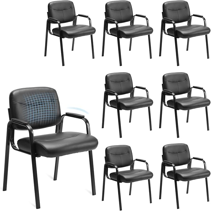 Sweetcrispy Office Reception Guest Chair No Wheels Set of 8, Leather Stationary Waiting Room Chairs with Padded Arms for Elderly Desk Conference Room Lobby Table Side Salon