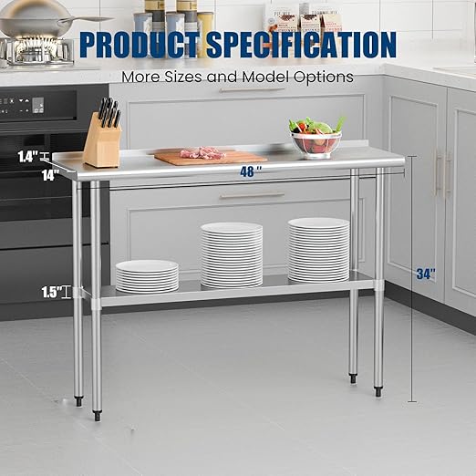 Stainless Steel Table 14 x 48 Inches Metal Prep Table with Backsplash & Adjustable Undershelf for Commercial Kitchen, Outdoor, Restaurant, Hotel & Garage